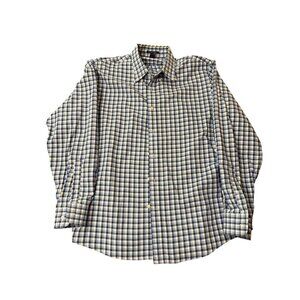 Lands End Mens No Iron Twill Blue & White Gingham Long Sleeve Button-Down Shirt